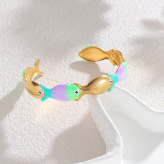 Picture of Wholesale Fish Animal Multicolor Enamel 304 Stainless Steel Open Cuff Bangles Bracelets, 18K Gold Plated Eco-friendly PVD Vacuum Plating, Women's Ocean Jewelry Stylish Gift Jewelry Supply, 6.2cm Dia., 1 Piece