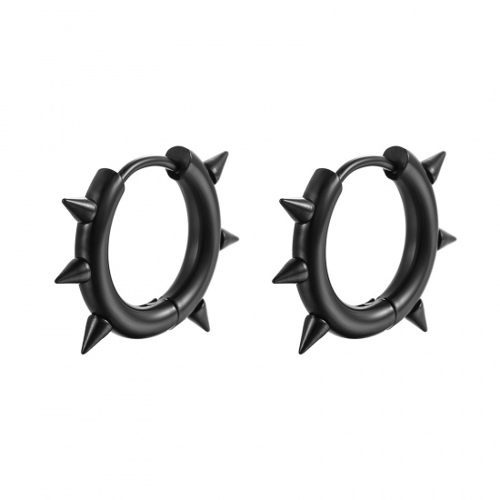 Picture of Wholesale Punk Hip Hop Huggie Hoop Earrings, Rivet Round Disc Black 304 Stainless Steel, Men's Vacuum Plating Gift Jewelry Supply, 21mm x 16mm, 2 PCs