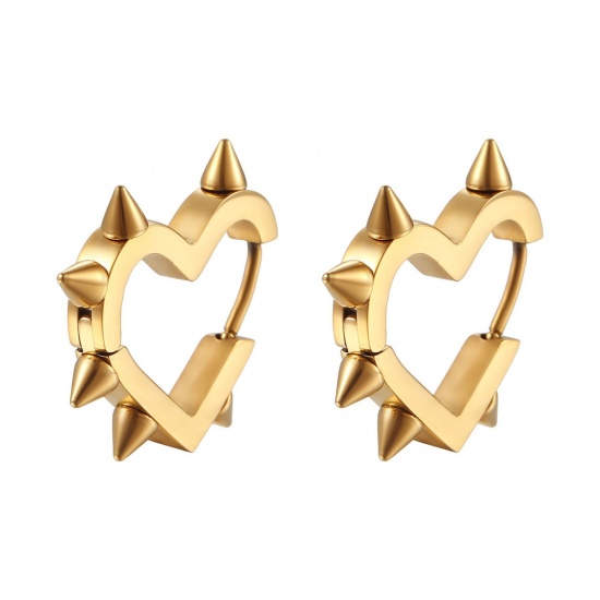 Imagen de Punk Hip Hop Aros De Aro Abrazador Al Por Mayor, Remache Corazón Chapado en Oro de 18K 304 Acero Inoxidable, Masculino Enchapado al Vacío Regalo Suministro de Joyería, 20mm x 19mm, 1 Par