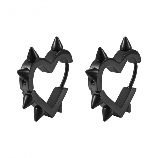 Imagen de Punk Hip Hop Aros De Aro Abrazador Al Por Mayor, Remache Corazón Negro 304 Acero Inoxidable, Masculino Enchapado al Vacío Regalo Suministro de Joyería, 20mm x 19mm, 1 Par
