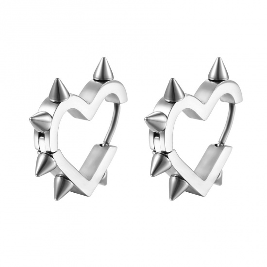 Imagen de Punk Hip Hop Aros De Aro Abrazador Al Por Mayor, Remache Corazón Tono de Plata 304 Acero Inoxidable, Masculino Enchapado al Vacío Regalo Suministro de Joyería, 20mm x 19mm, 1 Par