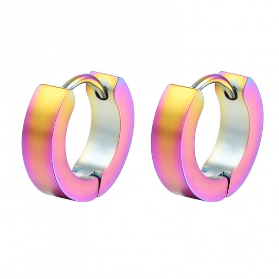 Immagine di Punk Minimalista Orecchini Ad Anello Abbraccio All'Ingrosso, Tondo Colore Arcobaleno Placcato 304 Acciaio Inossidabile, Unisex Placcatura Sottovuoto Regalo Fornitura di Gioielli, 12mm Dia., 2 Pz