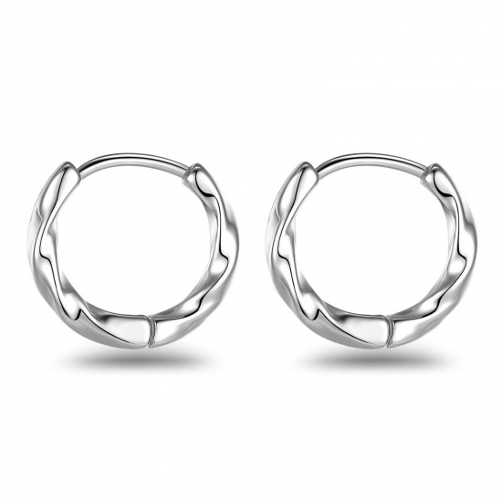 Picture of Wholesale Ins Style Minimalist Huggie Hoop Earrings, Round Twisted Silver Tone 304 Stainless Steel, Unisex Vacuum Plating Gift Jewelry Supply, 12mm Dia., 1 Pair