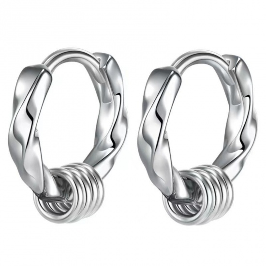 Picture of Wholesale Ins Style Minimalist Huggie Hoop Earrings, Round Twisted Silver Tone 304 Stainless Steel, Unisex Vacuum Plating Gift Jewelry Supply, 12mm Dia., 1 Pair