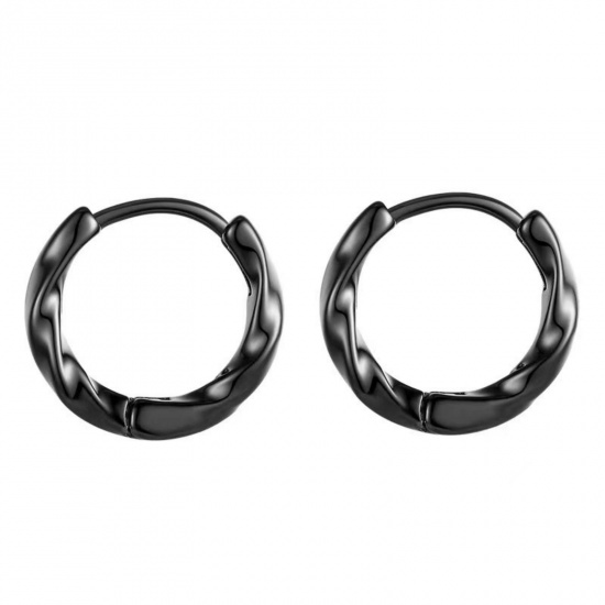 Picture of Wholesale Ins Style Minimalist Huggie Hoop Earrings, Round Twisted Black 304 Stainless Steel, Unisex Vacuum Plating Gift Jewelry Supply, 12mm Dia., 1 Pair