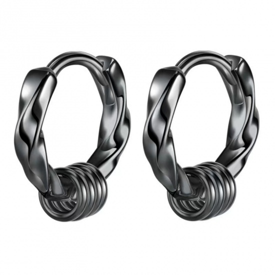 Picture of Wholesale Ins Style Minimalist Huggie Hoop Earrings, Round Twisted Black 304 Stainless Steel, Unisex Vacuum Plating Gift Jewelry Supply, 12mm Dia., 1 Pair