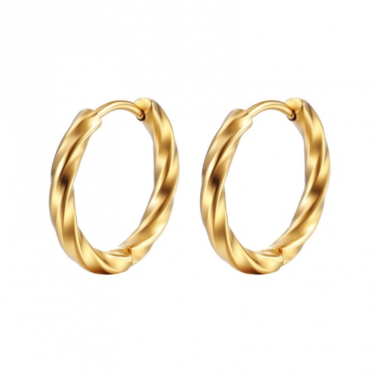 Picture of Wholesale Ins Style Minimalist Huggie Hoop Earrings, Round Twisted 18K Gold Plated 304 Stainless Steel, Unisex Vacuum Plating Gift Jewelry Supply, 12mm Dia., 1 Pair
