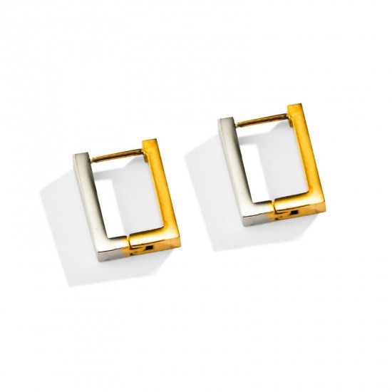 Imagen de Elegante Minimalista Aros De Aro Abrazador Al Por Mayor, Rectángulo Dos Colores Plata y Chapado en Oro de 18K 304 Acero Inoxidable, Unisex Enchapado al Vacío Regalo Suministro de Joyería, 18mm, 1 Par