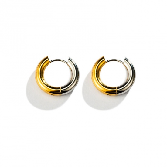 Imagen de Elegante Minimalista Aros De Aro Abrazador Al Por Mayor, Ronda Dos Colores Plata y Chapado en Oro de 18K 304 Acero Inoxidable, Unisex Enchapado al Vacío Regalo Suministro de Joyería, 18mm Dia., 1 Par