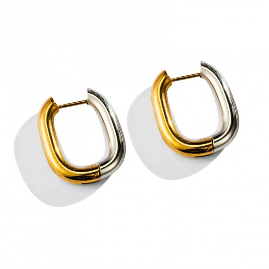 Imagen de Elegante Minimalista Aros De Aro Abrazador Al Por Mayor, Óvalo Dos Colores Plata y Chapado en Oro de 18K 304 Acero Inoxidable, Unisex Enchapado al Vacío Regalo Suministro de Joyería, 22mm, 1 Par
