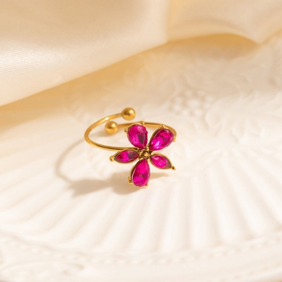 Bild von Großhandel Frauen Geschenk Blumen Rosa Kubisches Zirkonia Offen Ring, 18K Vergoldet 304 Edelstahl, Umweltfreundlich Exquisit Stilvoll Schmuckbedarf, 19.7mm(US Größe 10), 1 Stück