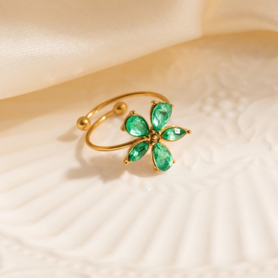 Bild von Großhandel Frauen Geschenk Blumen Grün Kubisches Zirkonia Offen Ring, 18K Vergoldet 304 Edelstahl, Umweltfreundlich Exquisit Stilvoll Schmuckbedarf, 19.7mm(US Größe 10), 1 Stück