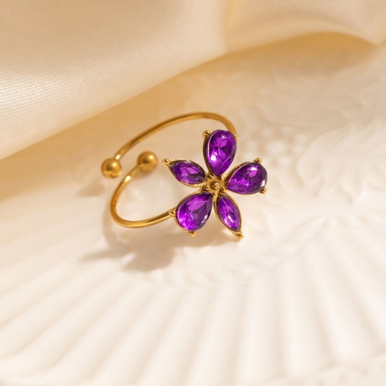 Bild von Großhandel Frauen Geschenk Blumen Lila Kubisches Zirkonia Offen Ring, 18K Vergoldet 304 Edelstahl, Umweltfreundlich Exquisit Stilvoll Schmuckbedarf, 19.7mm(US Größe 10), 1 Stück