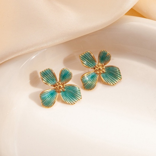 Picture of Wholesale Exquisite Stylish Ear Post Stud Earrings, Flower Green Blue Enamel 18K Gold Plated 201 Stainless Steel, Women's Eco-friendly Gift Jewelry Supply, 27mm x 25mm, 1 Pair