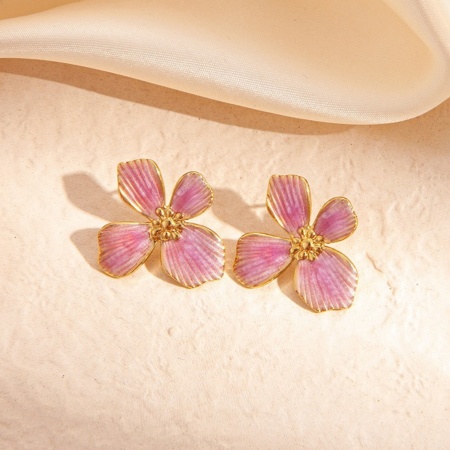 Picture of Wholesale Exquisite Stylish Ear Post Stud Earrings, Flower Purple Enamel 18K Gold Plated 201 Stainless Steel, Women's Eco-friendly Gift Jewelry Supply, 27mm x 25mm, 1 Pair