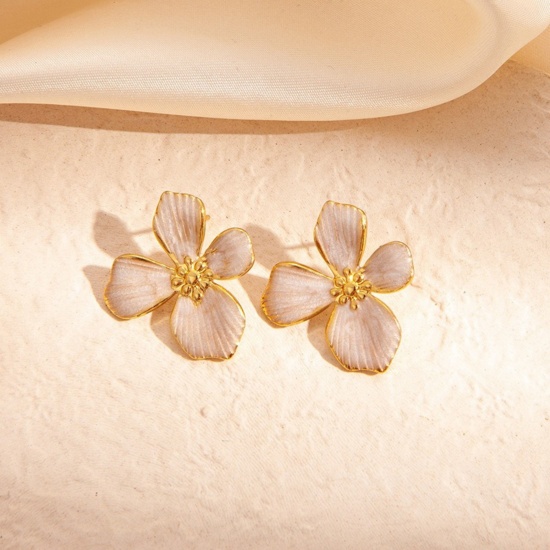 Picture of Wholesale Exquisite Stylish Ear Post Stud Earrings, Flower White Enamel 18K Gold Plated 201 Stainless Steel, Women's Eco-friendly Gift Jewelry Supply, 27mm x 25mm, 1 Pair