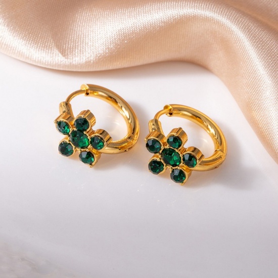 Immagine di Squisito Elegante Orecchini Circolari All'Ingrosso, Fiore Verde Circonio Cubico Placcato Oro 18K 201 Acciaio Inossidabile, Donne Ecologico Regalo Fornitura di Gioielli, 16mm Dia., 1 Paio