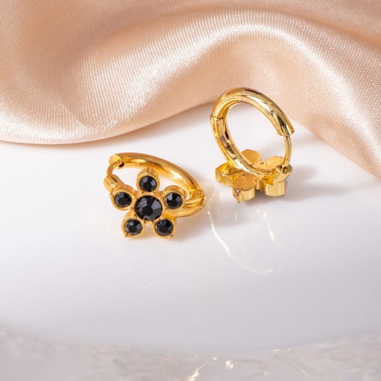 Immagine di Squisito Elegante Orecchini Circolari All'Ingrosso, Fiore Nero Circonio Cubico Placcato Oro 18K 201 Acciaio Inossidabile, Donne Ecologico Regalo Fornitura di Gioielli, 16mm Dia., 1 Paio