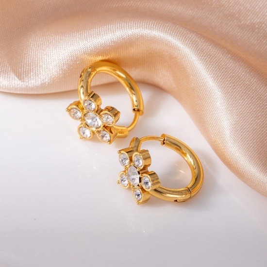 Immagine di Squisito Elegante Orecchini Circolari All'Ingrosso, Fiore Trasparente Circonio Cubico Placcato Oro 18K 201 Acciaio Inossidabile, Donne Ecologico Regalo Fornitura di Gioielli, 16mm Dia., 1 Paio