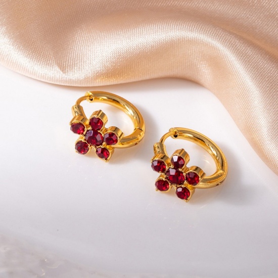 Immagine di Squisito Elegante Orecchini Circolari All'Ingrosso, Fiore Rosso Circonio Cubico Placcato Oro 18K 201 Acciaio Inossidabile, Donne Ecologico Regalo Fornitura di Gioielli, 16mm Dia., 1 Paio
