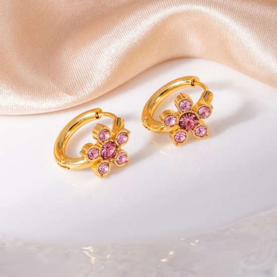 Immagine di Squisito Elegante Orecchini Circolari All'Ingrosso, Fiore Rosa Circonio Cubico Placcato Oro 18K 201 Acciaio Inossidabile, Donne Ecologico Regalo Fornitura di Gioielli, 16mm Dia., 1 Paio