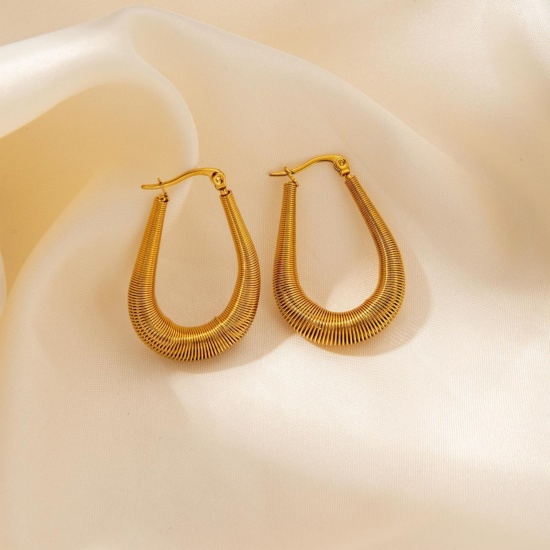 Picture of Wholesale Stylish Hoop Earrings, U Shaped 18K Gold Plated 201 Stainless Steel, Women's Eco-friendly Gift Jewelry Supply, 3.4cm x 2.5cm, 1 Pair