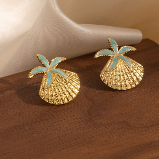 Picture of Wholesale Ocean Jewelry Stylish Ear Post Stud Earrings, Shell Star Fish Green Blue Enamel 18K Gold Plated 201 Stainless Steel, Women's Eco-friendly Gift Jewelry Supply, 24.5mm x 20mm, 1 Pair