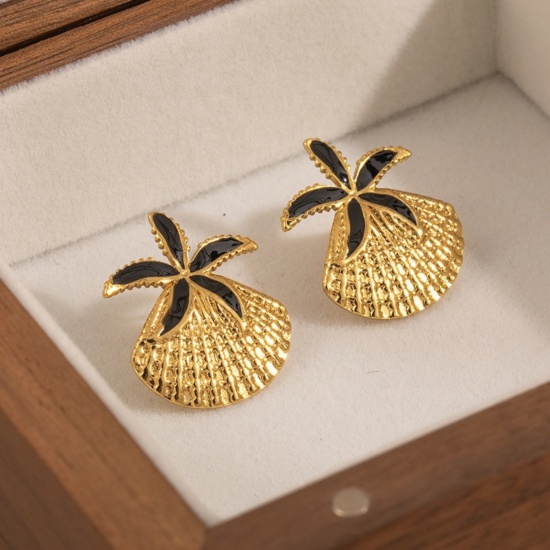 Picture of Wholesale Ocean Jewelry Stylish Ear Post Stud Earrings, Shell Star Fish Black Enamel 18K Gold Plated 201 Stainless Steel, Women's Eco-friendly Gift Jewelry Supply, 24.5mm x 20mm, 1 Pair