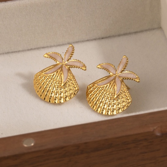 Picture of Wholesale Ocean Jewelry Stylish Ear Post Stud Earrings, Shell Star Fish White Enamel 18K Gold Plated 201 Stainless Steel, Women's Eco-friendly Gift Jewelry Supply, 24.5mm x 20mm, 1 Pair