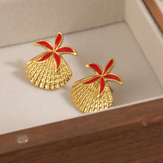 Picture of Wholesale Ocean Jewelry Stylish Ear Post Stud Earrings, Shell Star Fish Red Enamel 18K Gold Plated 201 Stainless Steel, Women's Eco-friendly Gift Jewelry Supply, 24.5mm x 20mm, 1 Pair