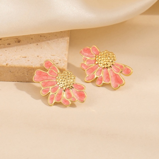 Picture of Wholesale Exquisite Stylish Ear Post Stud Earrings, Daisy Flower Orange Enamel 18K Gold Plated 201 Stainless Steel, Women's Eco-friendly Gift Jewelry Supply, 30mm x 19mm, 1 Pair