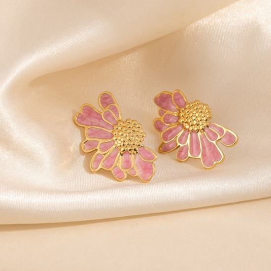 Picture of Wholesale Exquisite Stylish Ear Post Stud Earrings, Daisy Flower Pink Enamel 18K Gold Plated 201 Stainless Steel, Women's Eco-friendly Gift Jewelry Supply, 30mm x 19mm, 1 Pair
