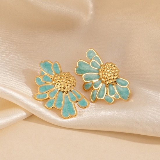 Picture of Wholesale Exquisite Stylish Ear Post Stud Earrings, Daisy Flower Green Blue Enamel 18K Gold Plated 201 Stainless Steel, Women's Eco-friendly Gift Jewelry Supply, 30mm x 19mm, 1 Pair