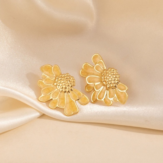 Picture of Wholesale Exquisite Stylish Ear Post Stud Earrings, Daisy Flower Yellow Enamel 18K Gold Plated 201 Stainless Steel, Women's Eco-friendly Gift Jewelry Supply, 30mm x 19mm, 1 Pair
