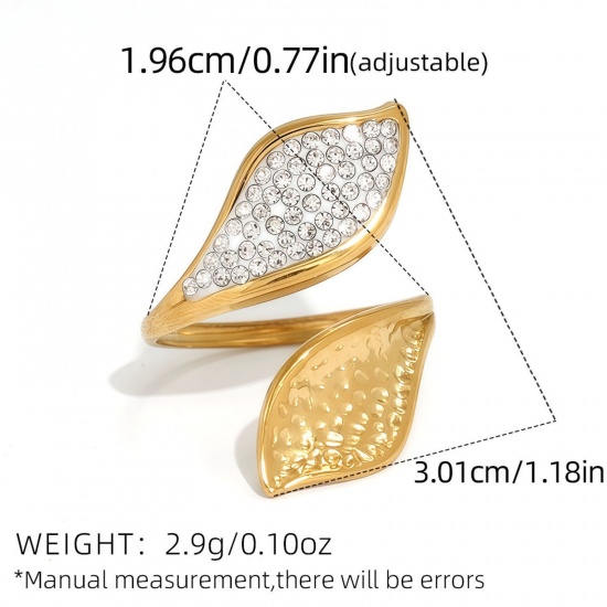 Imagen de Mujeres Regalo Hoja Claro Circón Artificial Abierto Anillos Al Por Mayor, Chapado en Oro de 18K 304 Acero Inoxidable, Recubrimiento al Vacío PVD Ecológico Exquisito Elegante Suministro de Joyería, 19.6mm (US Size 9.75), 1 Unidad