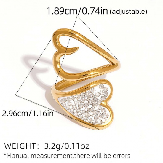 Imagen de Mujeres Regalo Corazón Claro Circón Artificial Abierto Anillos Al Por Mayor, Chapado en Oro de 18K 304 Acero Inoxidable, Recubrimiento al Vacío PVD Ecológico día de San Valentín Elegante Suministro de Joyería, 18.9mm (US Size 9), 1 Unidad