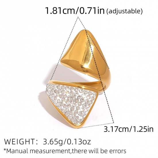 Imagen de Mujeres Regalo Triángulo Claro Circón Artificial Abierto Anillos Al Por Mayor, Chapado en Oro de 18K 304 Acero Inoxidable, Recubrimiento al Vacío PVD Ecológico Exquisito Elegante Suministro de Joyería, 18.1mm (US Size 8), 1 Unidad
