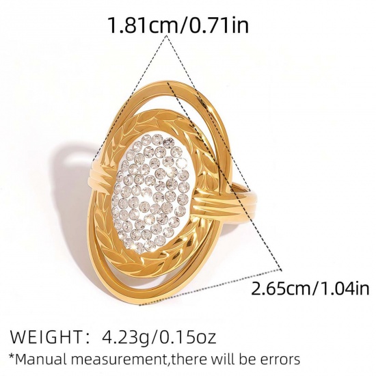 Imagen de Mujeres Regalo Óvalo Claro Circón Artificial Abierto Anillos Al Por Mayor, Chapado en Oro de 18K 304 Acero Inoxidable, Recubrimiento al Vacío PVD Ecológico Exquisito Elegante Suministro de Joyería, 18.1mm (US Size 8), 1 Unidad