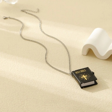 Picture of Wholesale Unique Openable Flip Page Book Holy Bible Black Paper 3D Pendant Charm Necklace, Silver Tone 304 Stainless Steel Unisex Religious Baroque Gift Jewelry For Retailer, 60cm(23.6") + 5cm(2") long, 1 Piece
