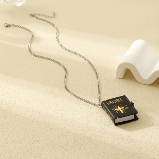 Picture of Wholesale Unique Openable Flip Page Book Holy Bible Black Paper 3D Pendant Charm Necklace, Silver Tone 304 Stainless Steel Unisex Religious Baroque Gift Jewelry For Retailer, 60cm(23.6") + 5cm(2") long, 1 Piece