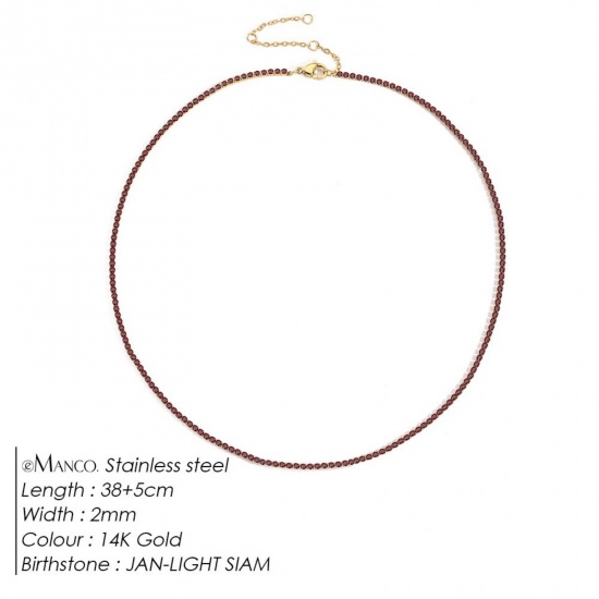 Picture of Wholesale Red Rhinestone January Birthstone Choker Necklace, 14K Gold Plated 304 Stainless Steel Women's Eco-friendly PVD Vacuum Plating Stylish Minimalist Gift Jewelry For Retailer, 38cm(15") + 5cm(2") long, 1 Piece