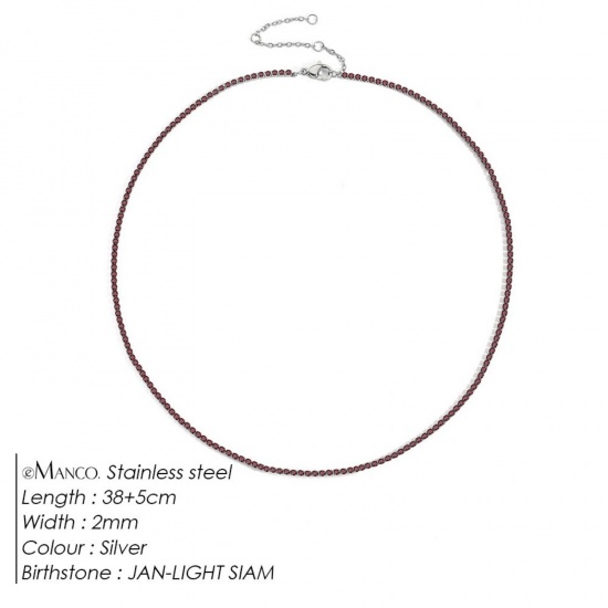 Picture of Wholesale Red Rhinestone January Birthstone Choker Necklace, Silver Tone 304 Stainless Steel Women's Eco-friendly Stylish Minimalist Gift Jewelry For Retailer, 38cm(15") + 5cm(2") long, 1 Piece