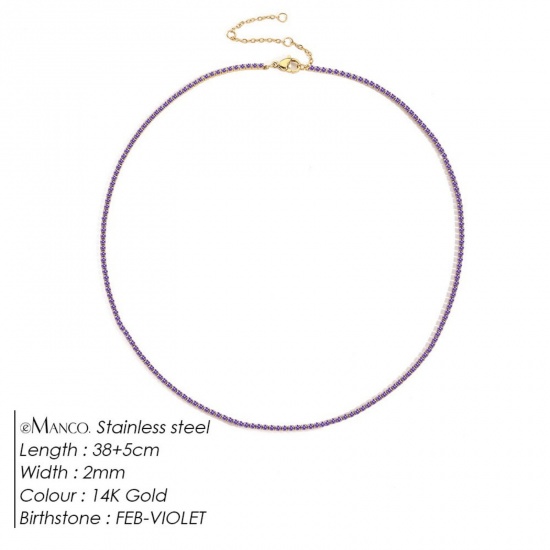 Picture of Wholesale Violet Rhinestone February Birthstone Choker Necklace, 14K Gold Plated 304 Stainless Steel Women's Eco-friendly PVD Vacuum Plating Stylish Minimalist Gift Jewelry For Retailer, 38cm(15") + 5cm(2") long, 1 Piece