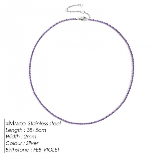Picture of Wholesale Violet Rhinestone February Birthstone Choker Necklace, Silver Tone 304 Stainless Steel Women's Eco-friendly Stylish Minimalist Gift Jewelry For Retailer, 38cm(15") + 5cm(2") long, 1 Piece
