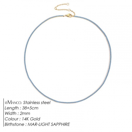 Picture of Wholesale Light Blue Rhinestone March Birthstone Choker Necklace, 14K Gold Plated 304 Stainless Steel Women's Eco-friendly PVD Vacuum Plating Stylish Minimalist Gift Jewelry For Retailer, 38cm(15") + 5cm(2") long, 1 Piece