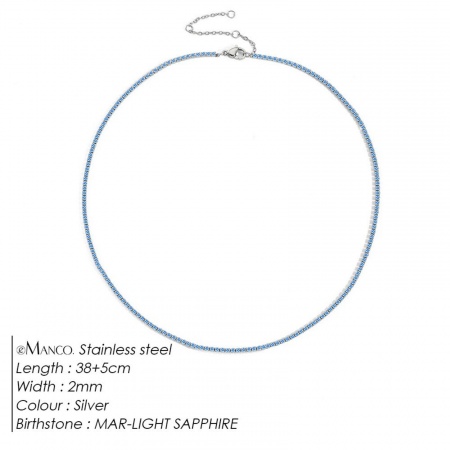 Picture of Wholesale Light Blue Rhinestone March Birthstone Choker Necklace, Silver Tone 304 Stainless Steel Women's Eco-friendly Stylish Minimalist Gift Jewelry For Retailer, 38cm(15") + 5cm(2") long, 1 Piece