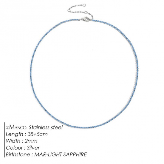 Picture of Wholesale Light Blue Rhinestone March Birthstone Choker Necklace, Silver Tone 304 Stainless Steel Women's Eco-friendly Stylish Minimalist Gift Jewelry For Retailer, 38cm(15") + 5cm(2") long, 1 Piece
