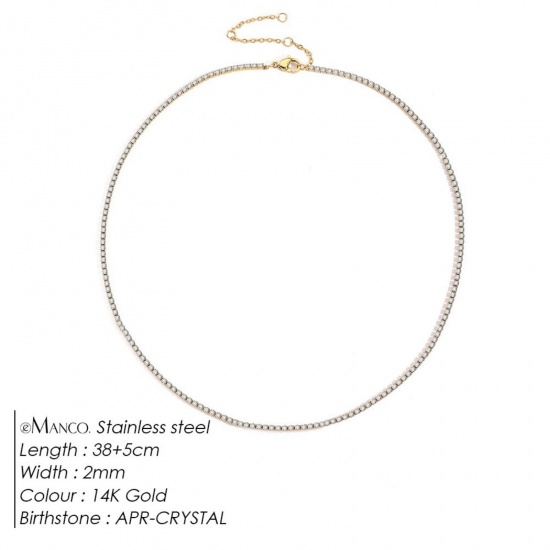 Picture of Wholesale Clear Rhinestone April Birthstone Choker Necklace, 14K Gold Plated 304 Stainless Steel Women's Eco-friendly PVD Vacuum Plating Stylish Minimalist Gift Jewelry For Retailer, 38cm(15") + 5cm(2") long, 1 Piece