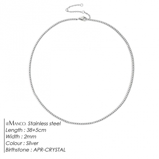 Picture of Wholesale Clear Rhinestone April Birthstone Choker Necklace, Silver Tone 304 Stainless Steel Women's Eco-friendly Stylish Minimalist Gift Jewelry For Retailer, 38cm(15") + 5cm(2") long, 1 Piece