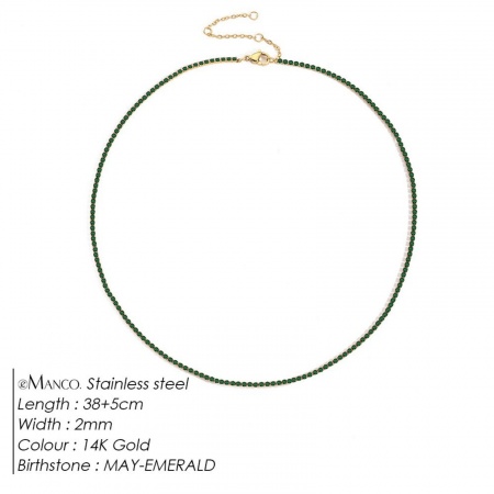 Picture of Wholesale Green Rhinestone May Birthstone Choker Necklace, 14K Gold Plated 304 Stainless Steel Women's Eco-friendly PVD Vacuum Plating Stylish Minimalist Gift Jewelry For Retailer, 38cm(15") + 5cm(2") long, 1 Piece